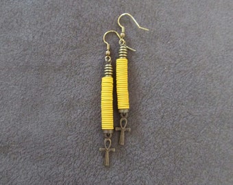 Ankh Egyptian African earrings, yellow polymer clay earrings, fertility symbol, Afrocentric earrings, bronze