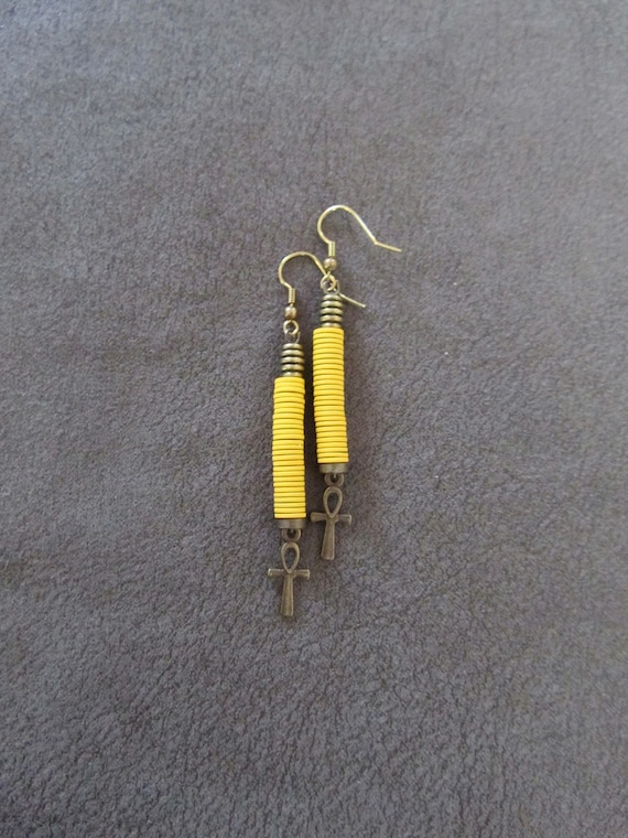 Ankh Egyptian African earrings, yellow polymer clay earrings, fertility symbol, Afrocentric earrings, bronze