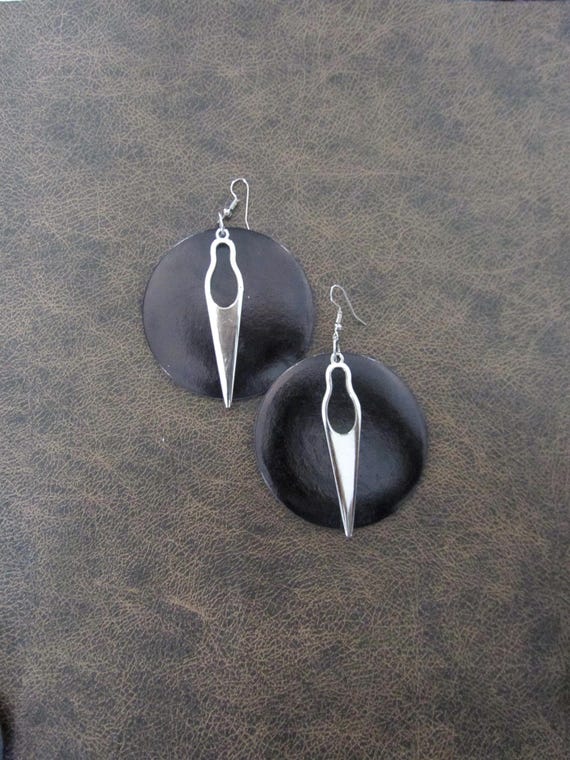 Large black wooden and silver earrings