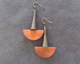 Wood Bronze Tribal Dangle Earrings, Orange Afrocentric Geometric Design