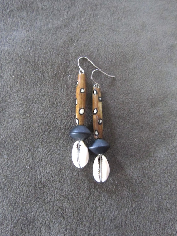 Batik print bone and cowrie shell earrings