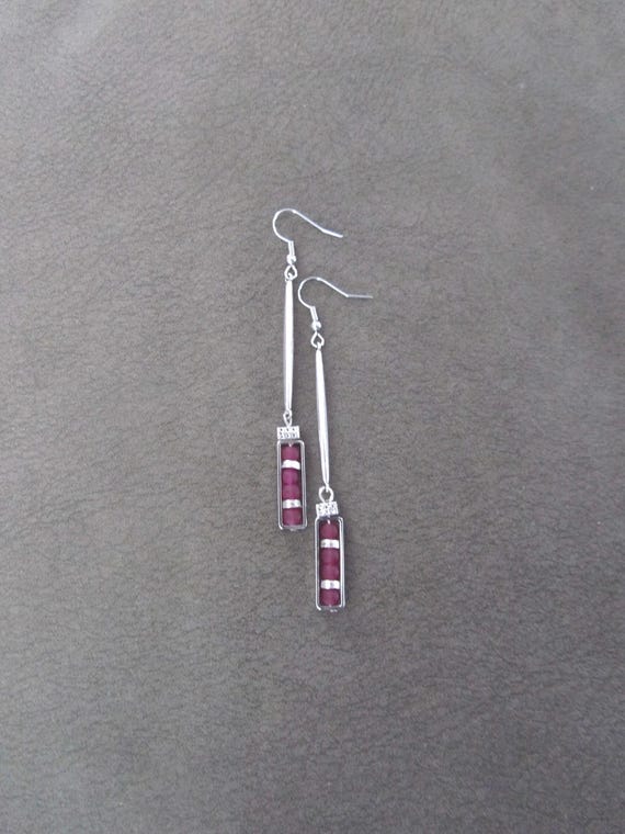 Long fuchsia pink sea glass and silver earrings
