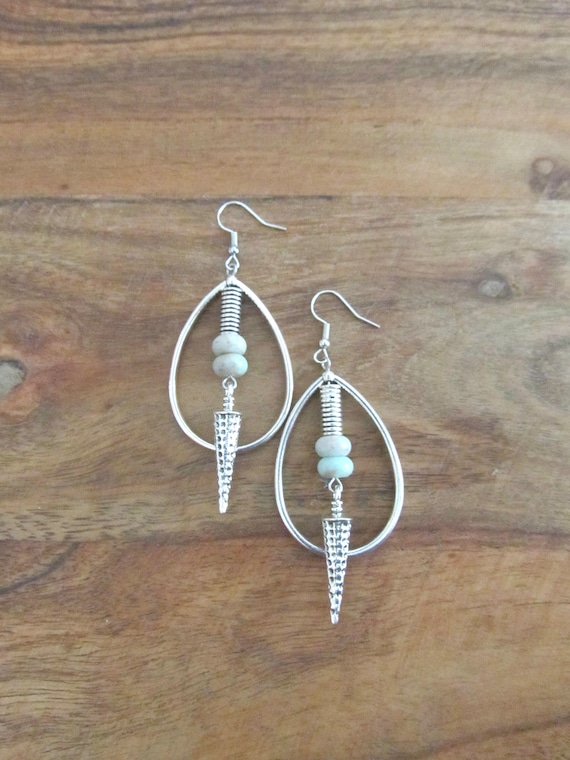 Stone and silver tear drop hoop earrings