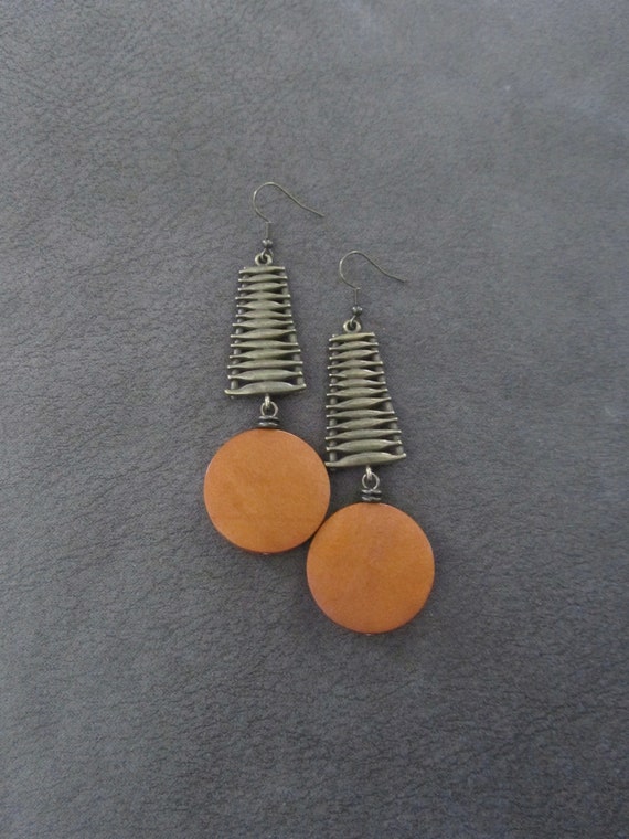 Mid century modern earrings, long rust orange wooden