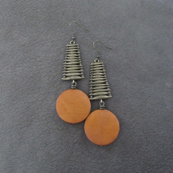 Mid century modern earrings, long rust orange wooden