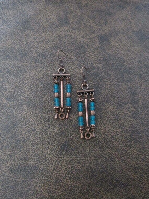 Teal sea glass and copper chandelier earrings