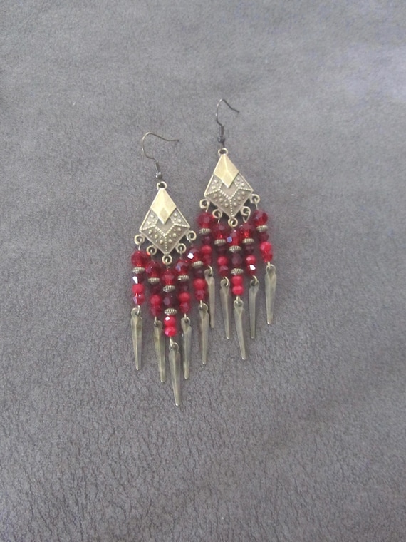 Crystal chandelier earrings, red and bronze earrings
