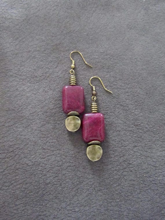 Cranberry riverstone and bronze earrings