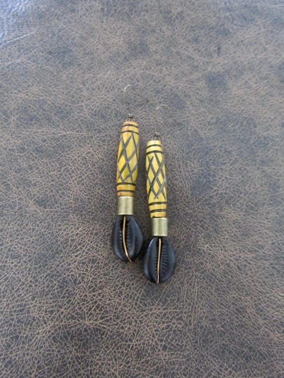 Cowrie shell and carved bone earrings