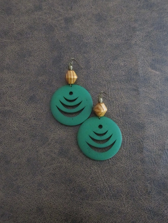 Carved wooden earrings, ethnic earrings, tribal earrings, bold green earrings, Afrocentric earrings, African earrings, statement earrings