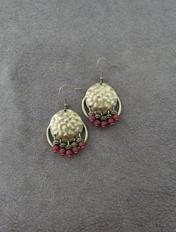 Red frosted glass and hammered bronze chandelier earrings