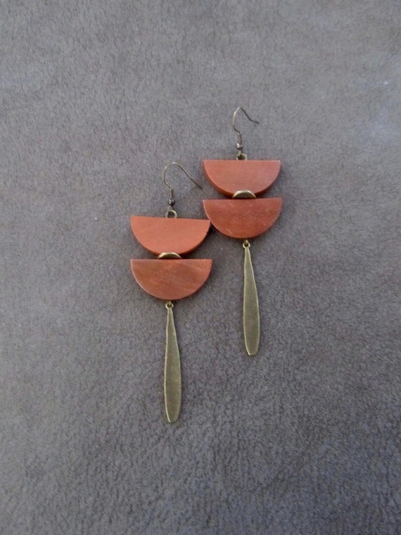 Long rust orange/brown wood and bronze Afrocentric dangle earrings