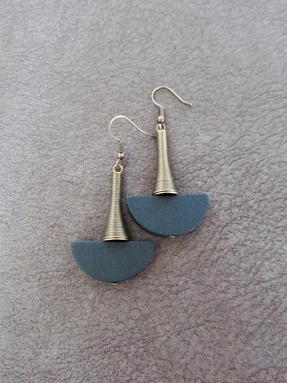 Dark green wooden and bronze Afrocentric dangle earrings