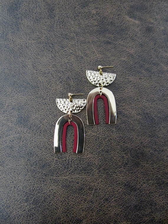 Geometric earrings, simple red and gold modern earrings