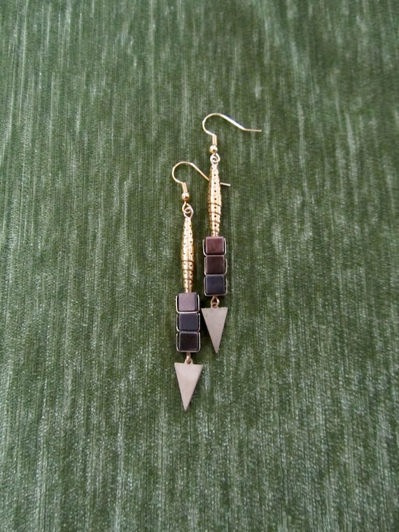 Brass mid century modern hematite earrings, brown