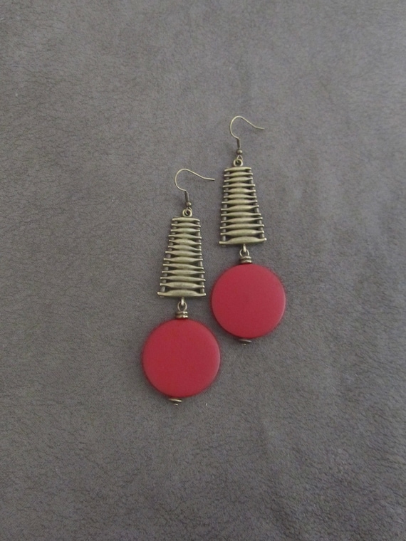 Large red earrings, Geometric earrings, African Afrocentric bronze earrings, big bold statement earrings chunky earrings, unique Art Deco
