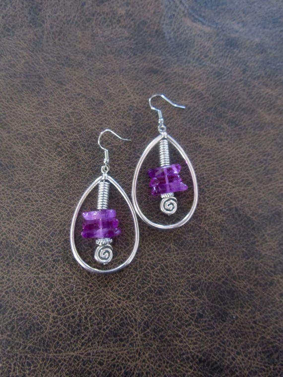Raw quartz purple crystal earrings, rustic boho silver unique earrings, geode natural bohemian hoop