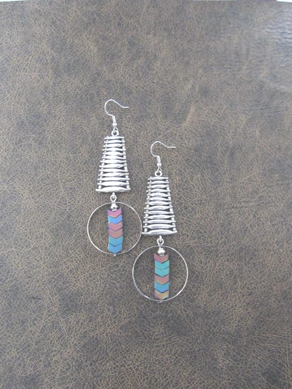 Silver geometric industrial earrings multicolor
