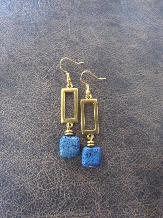 Blue stone and gold modern earrings