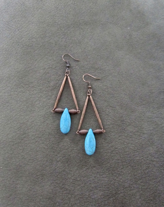 Bohemian ethnic earrings, turquoise and copper statement bold earrings