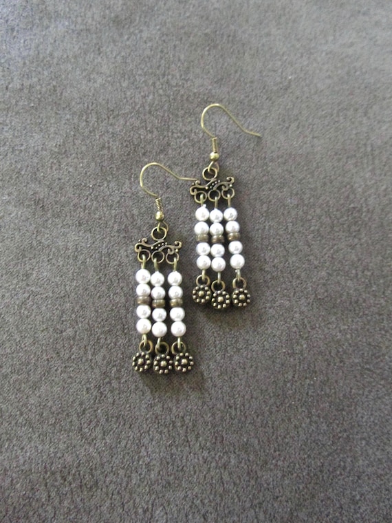 Pearl chandelier earrings, bronze