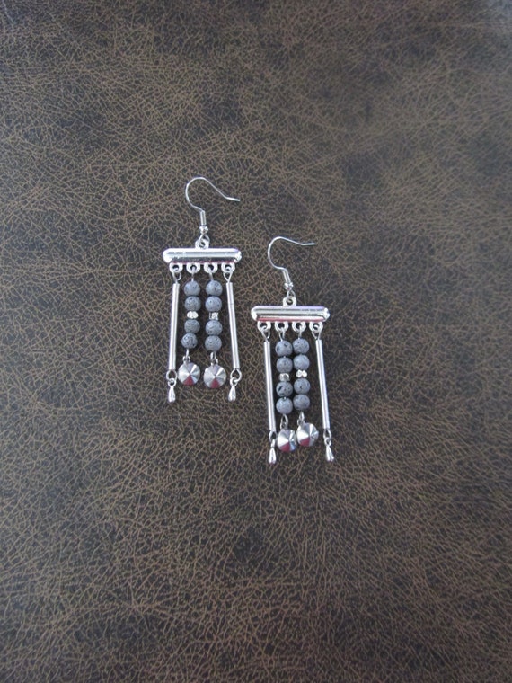 Silver lava rock and silver chandelier earrings