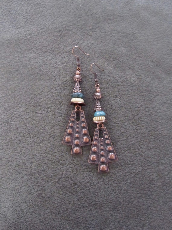 Hammered copper earrings, mid century modern brutalist earrings, unique turquoise ethnic earrings, chic bold statement earrings, artisan