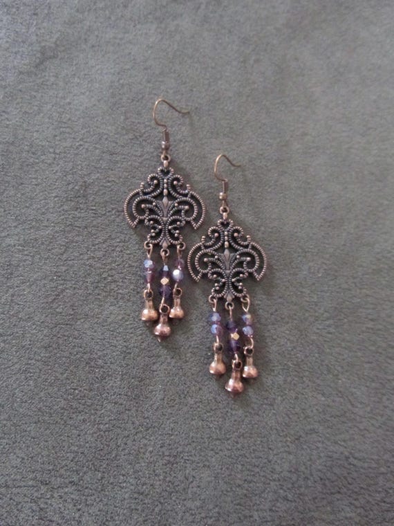 Antique copper filagree chandelier earrings, purple crystal earrings