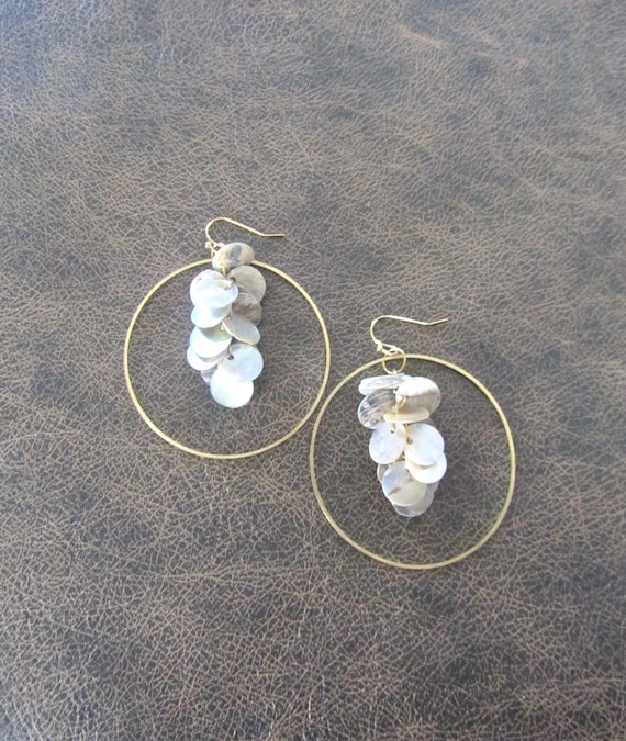 Large brass and mother of pearl shell hoop earrings