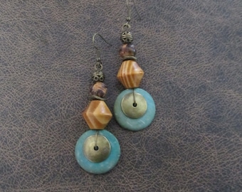 Bold wooden geometric Afrocentric earrings, blue