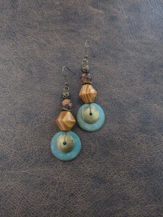 Bold wooden geometric Afrocentric earrings, blue