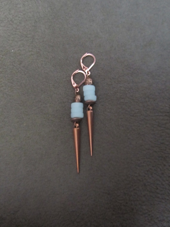 Blue sea glass earrings, boho chic earrings, tribal ethnic earrings, bold earrings, copper earrings, unique artisan earrings, spike earrings