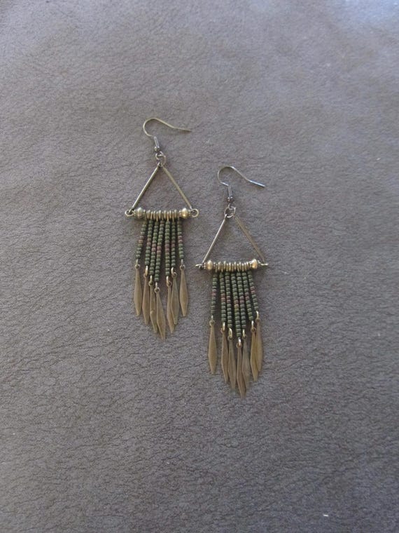 Bronze and army green long seed bead earrings