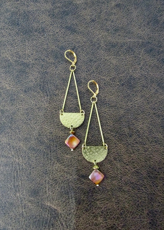 Hammered brass and mother of pearl shell earrings