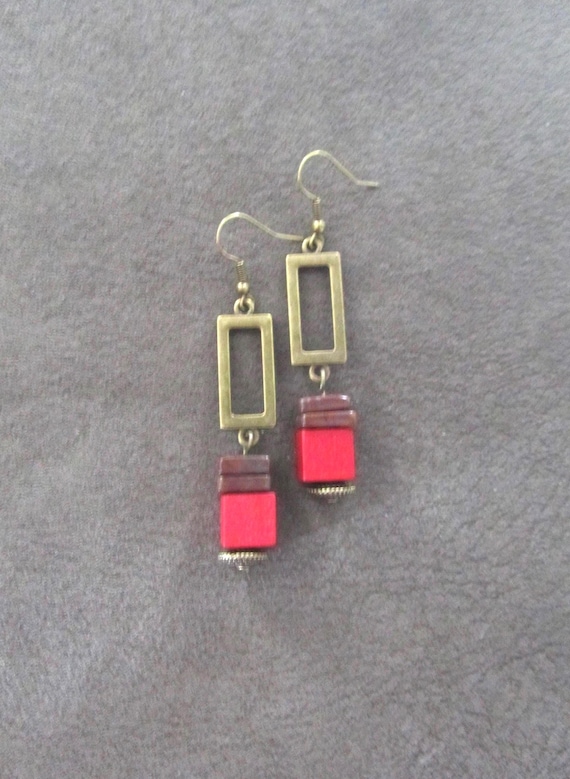 Modern jasper and red wooden earrings