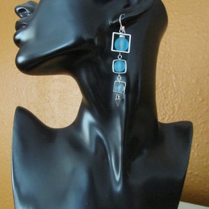 Long blue frosted glass and silver square earrings image 3