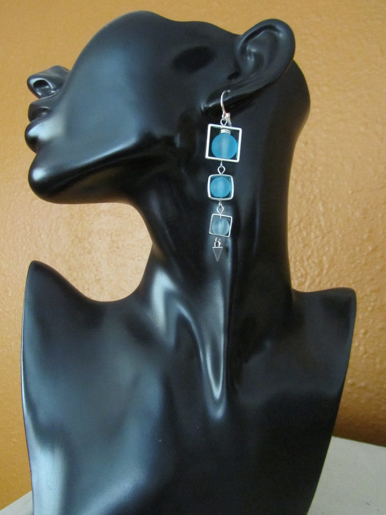 Long blue frosted glass and silver square earrings image 3