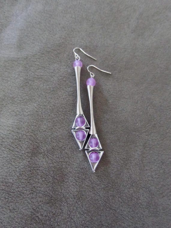 Extra long pink frosted glass and gunmetal geometric earrings