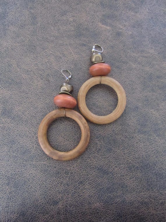 Large round stained wooden statement earrings