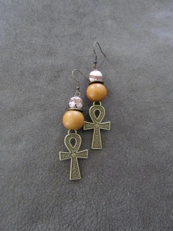 Ankh Egyptian African earrings, fertility symbol, Afrocentric etched bronze