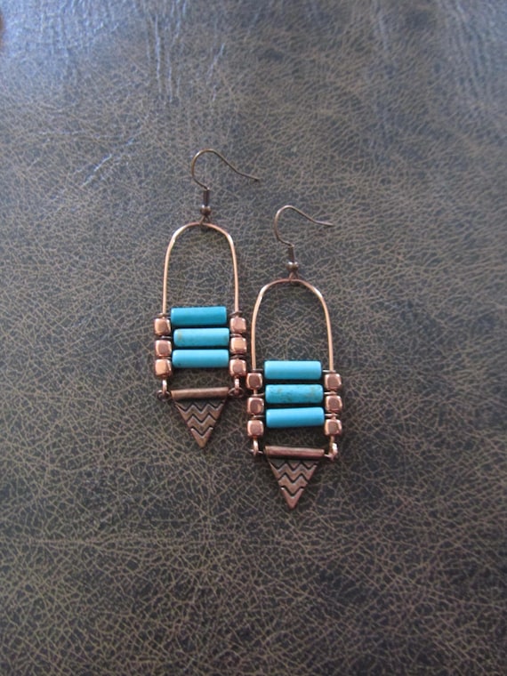 Ethnic earrings, Afrocentric earrings, boho earrings, tribal earrings,copper and blue rustic earrings, bold earrings, modern chic earrings