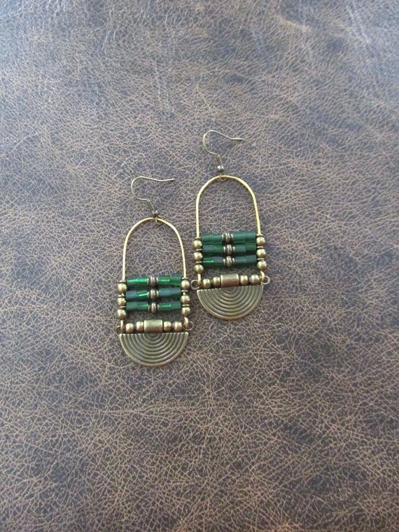 Bronze ethnic green frosted glass earrings