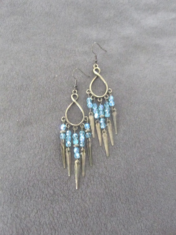 Crystal chandelier earrings, baby blue and bronze earrings