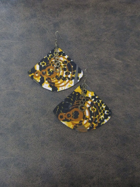 Large African print earrings, Ankara earrings, wood earrings, bold statement earrings, Afrocentric earrings, huge batik earrings, yellow 2