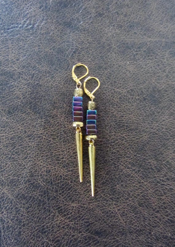 Gold and multicolor hematite spike earrings