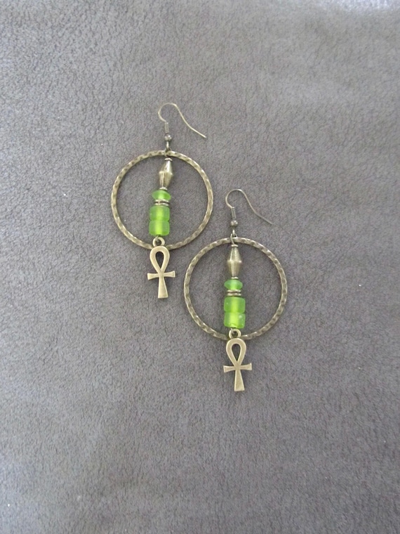 Hoop earrings frosted green glass and ankh