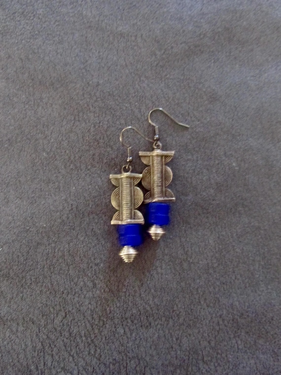 Bronze baule and blue frosted glass earrings