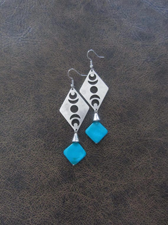 Teal mother of pearl and silver celestial earrings
