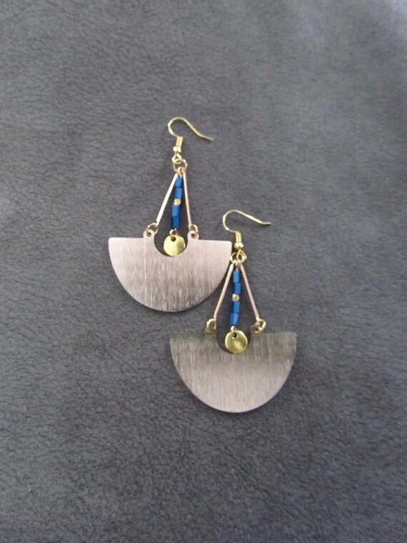 Large gold and blue hematite mid century modern Brutalist earrings