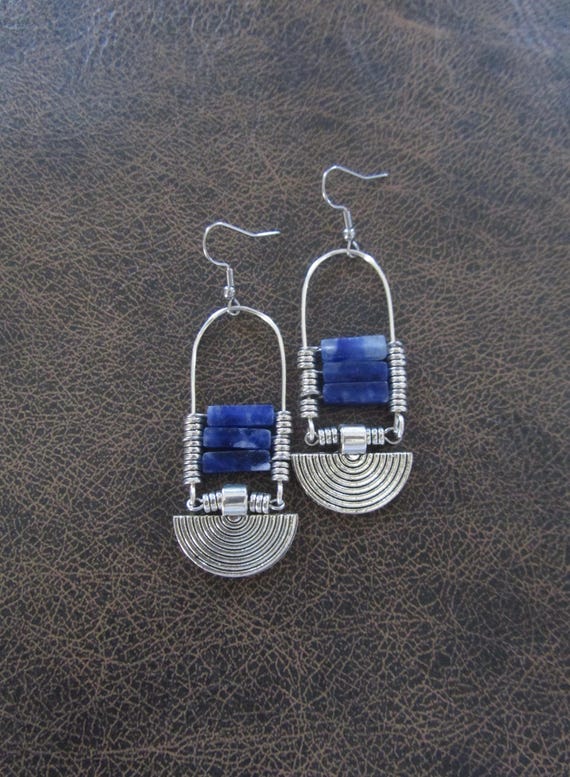 Sodalite and silver ethnic tribal chandelier earrings